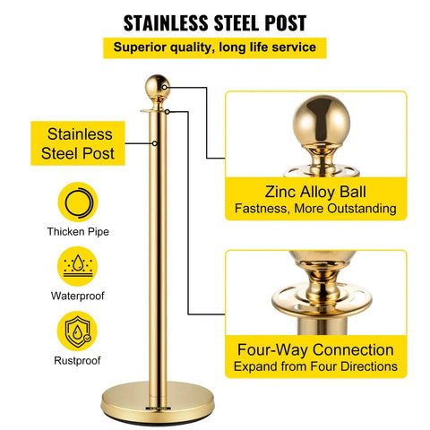 Gold Stanchions With Velvet Ropes Set Of 4, solid concrete base, stainless steel posts, highlighting zinc alloy ball and connections.