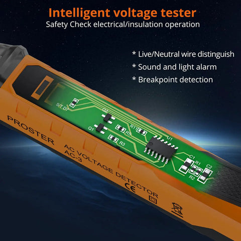 Non Contact Voltage Tester Pen Adjustable 12 To 1000 Volt Range For Quick Line Checks AC Voltage Detector With High And Low Sensitivity Easy To Use Safety Tool For Home DIY And Pros orange pen-style tester with circuit board detail