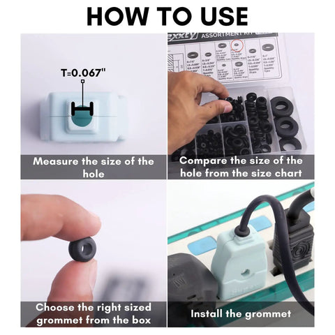 Installation guide for 180 Pcs Rubber Grommets Kit In Eight Sizes For DIY Auto Wiring And Cable Protection