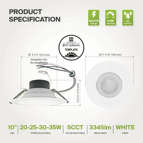 Canless LED Downlight 9/10 Inch, Power Adjustable 20/30/40W, Round Dimmable Ceiling Light, product specifications