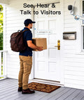 2.5K Outdoor Indoor Security Camera System With Color Night Vision installed on white porch near delivery person talking to visitor