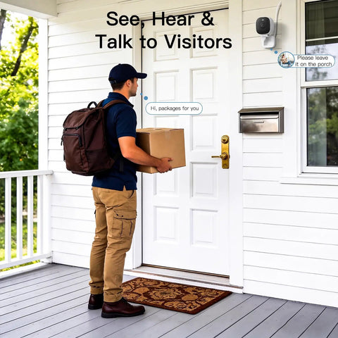 2.5K Outdoor Indoor Security Camera System With Color Night Vision installed on white porch near delivery person talking to visitor