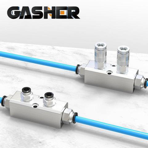 Aluminum Air Manifold 2 Way 4 Port Block Splitter With 1/4 NPT Output and 1/2 NPT Supply, Push To Connect Fittings in use