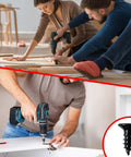 Premium Black Stainless Steel Wood Screws Featuring Flat Phillips Heads Rust Resistant Finish Smooth Driving Action Ideal For Plywood And Softwoods 100 Pack Size 4 By Half Inch in use.