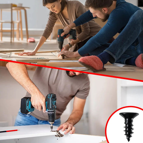 Premium Black Stainless Steel Wood Screws Featuring Flat Phillips Heads Rust Resistant Finish Smooth Driving Action Ideal For Plywood And Softwoods 100 Pack Size 4 By Half Inch in use.