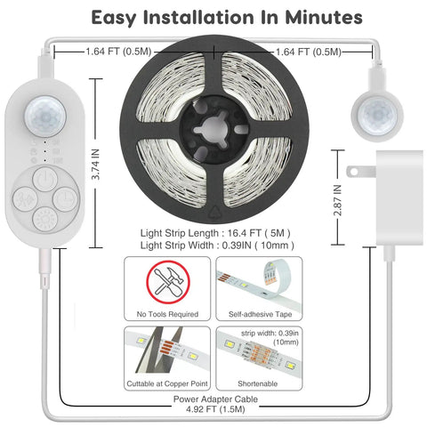 Dual Sensor Stair Lights Indoor Motion Light Strip Plug In Night Light 6000K Cold White UL 12V Adapter Dimmer And Timer