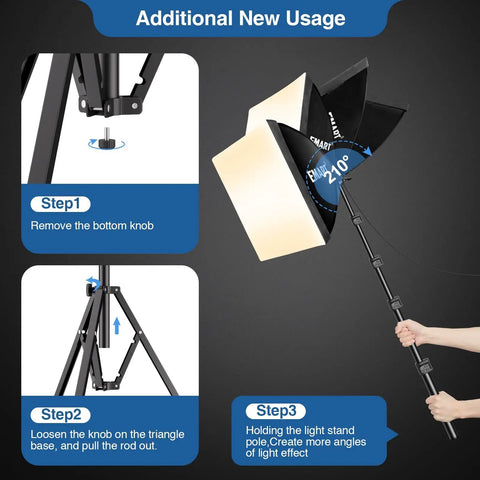 Pro 16x16 Softbox Lighting Kit setup steps with 85W LED remote control, showing adjustable stand and light angle direction.