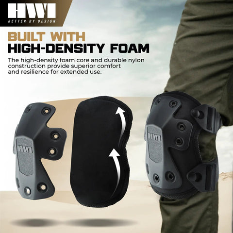 Beefed Up Adjustable Knee Pads With Rugged Nylon Shell And Impact Absorbing Foam For Construction Mechanics Combat And Landscaping shown from two angles.
