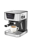 Heavy Hitter 19 Bar Manual Espresso Machine With Integrated Milk Frother Dual Outlet Arms And Heated Base brewing a shot into a white cup.