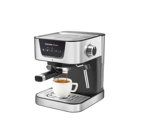 Heavy Hitter 19 Bar Manual Espresso Machine With Integrated Milk Frother Dual Outlet Arms And Heated Base brewing a shot into a white cup.