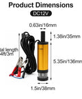 No Fuss 12V Submersible Transfer Pump For Water Diesel Oil With Built In Filter dimensions and details displayed.