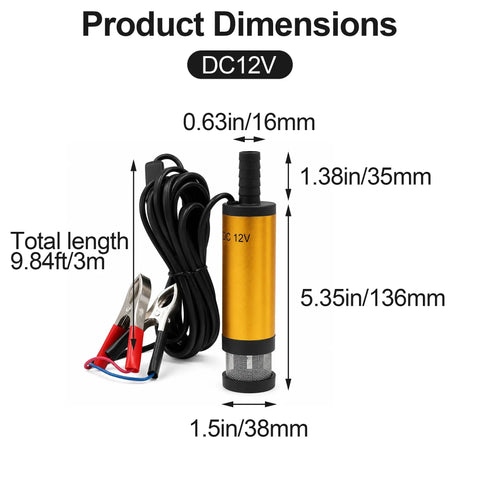 No Fuss 12V Submersible Transfer Pump For Water Diesel Oil With Built In Filter dimensions and details displayed.