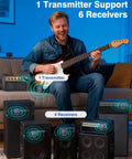 Musician using 5.8GHz Wireless Guitar System With Charging Box, 6 Channels, 30 Hour Battery Life, and transmitter with receivers.