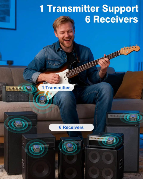 Musician using 5.8GHz Wireless Guitar System With Charging Box, 6 Channels, 30 Hour Battery Life, and transmitter with receivers.