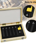 Open case of Three Eighths Inch Indexable Carbide Turning Inserts Holder Set for Machining Lathes, Five Piece Lathe Tool Kit