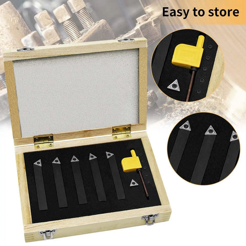 Open case of Three Eighths Inch Indexable Carbide Turning Inserts Holder Set for Machining Lathes, Five Piece Lathe Tool Kit