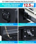 Close-up of Three Drawer 22 Inch Portable Metal Tool Box with heavy-duty handle, bearings, chain fastening, and built-in drawer lock.