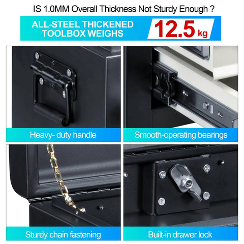 Close-up of Three Drawer 22 Inch Portable Metal Tool Box with heavy-duty handle, bearings, chain fastening, and built-in drawer lock.
