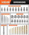 Product dimensions for 39 Piece Bolt Extractor Kit With Left Hand Drill Bits And Multi Spline Extractors, showing various tool sizes.