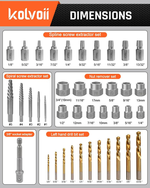 Product dimensions for 39 Piece Bolt Extractor Kit With Left Hand Drill Bits And Multi Spline Extractors, showing various tool sizes.