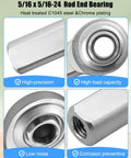 Close-up of 5/16 x 5/16-24 Heim Bearing Rod End, heat treated C1045 steel with chrome plating, showing precision design.
