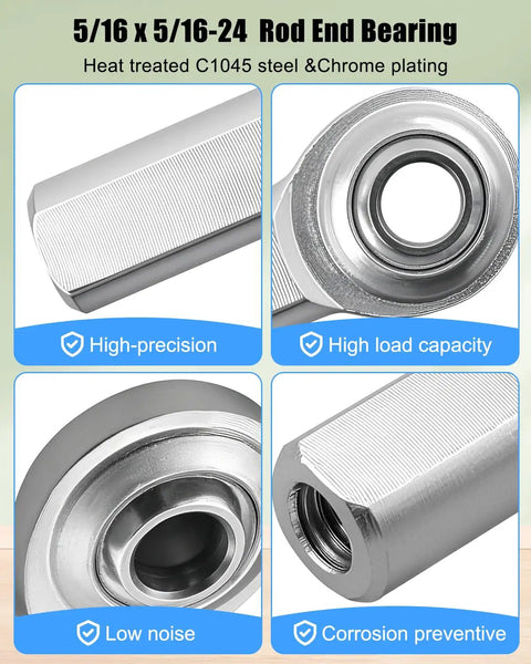 Close-up of 5/16 x 5/16-24 Heim Bearing Rod End, heat treated C1045 steel with chrome plating, showing precision design.