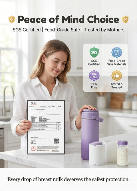 Portable Breast Milk Cooler With 24 Hour Surround Cooling Tech, SGS Certified, with test report and two storage bottles.