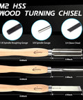 Cryogenic HSS Wood Turning Chisels Set, 3 Piece Lathe Tools, showing spindle roughing gouge, spindle gouge, skew chisel