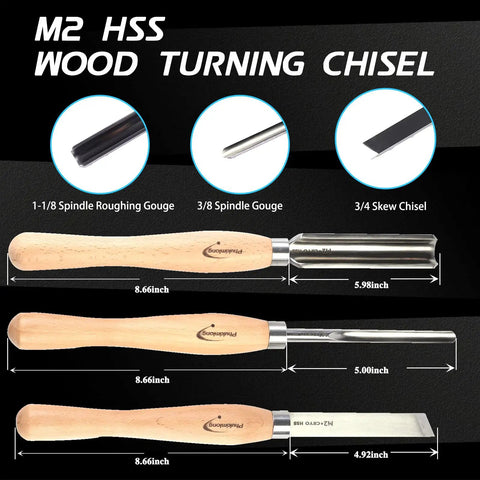 Cryogenic HSS Wood Turning Chisels Set, 3 Piece Lathe Tools, showing spindle roughing gouge, spindle gouge, skew chisel