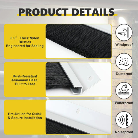 Close-up of Heavy Duty Roll Up Garage Door Brush Seal 10 Foot Weather Stripping featuring thick nylon bristles and rust-resistant aluminum base.