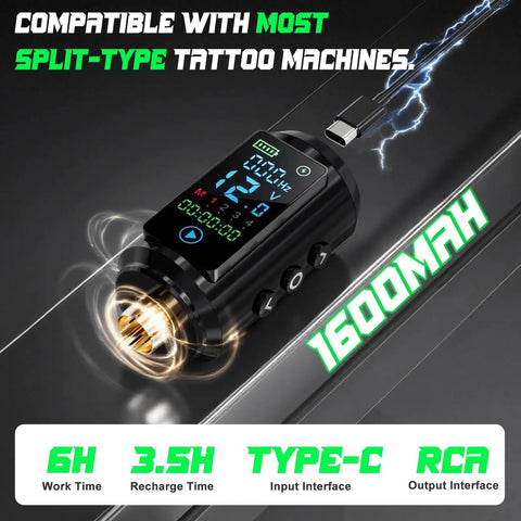 Wireless Tattoo Battery Pack 1600mAh Ultra Light 55g Portable Power Supply For Beginners RCA Compatible Cordless Ink Sessions Ideal For Studio Conventions And On The Go., black RCA tattoo battery pack with LED display and Type-C input