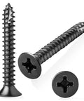 Heavy Duty Black Wood Screws For Door Hinges Nine By One And One Half Inch Pack, black alloy steel screws shown front and angled views
