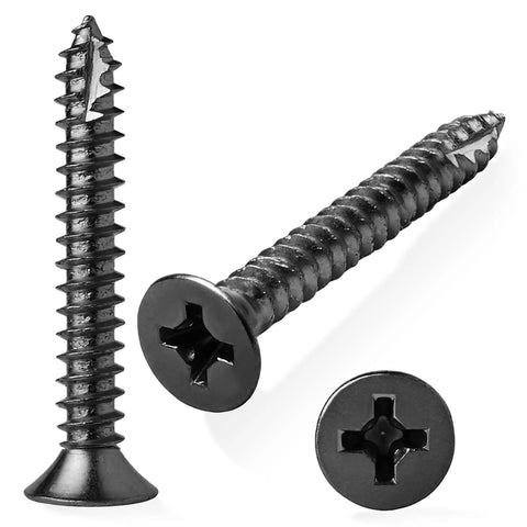 Heavy Duty Black Wood Screws For Door Hinges Nine By One And One Half Inch Pack, black alloy steel screws shown front and angled views