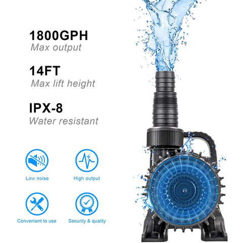 Smart Submersible Pond Pump 1800 GPH 100W Quiet Waterfall Fountain For Small Ponds Garden Yard Patio IPX8 features image
