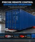 Heavy Duty Industrial Heavy Load Mover With 360 Degree Electric Remote Transport Platform For Smooth Omnidirectional Movement And Precise Positioning In Tight Spaces, featuring a blue shipping container on a rotating electric platform.