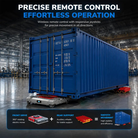 Heavy Duty Industrial Heavy Load Mover With 360 Degree Electric Remote Transport Platform For Smooth Omnidirectional Movement And Precise Positioning In Tight Spaces, featuring a blue shipping container on a rotating electric platform.
