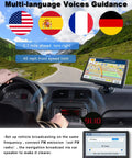 Driving view with 7 Inch Truck GPS Navigator For Cars And RVs With Custom Routing, multilingual guidance displayed.