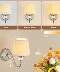 1-Light Brushed Nickel Vanity Light with Beige Fabric, Modern Wall Sconce showing cool, natural white, and warm light options.