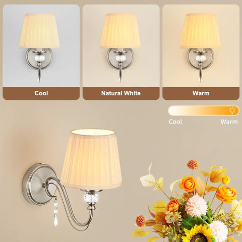 1-Light Brushed Nickel Vanity Light with Beige Fabric, Modern Wall Sconce showing cool, natural white, and warm light options.