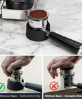 Portafilter Holder With Tamper Base For Luxe Cafe Pro ES601 ES701 showing stable ant-slip silicone mount in black.