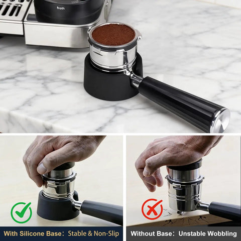 Portafilter Holder With Tamper Base For Luxe Cafe Pro ES601 ES701 showing stable ant-slip silicone mount in black.