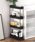 Slim Four Tier Storage Cart Rolling Organizer for kitchen, narrow black shelving unit with items and decor next to white cabinet