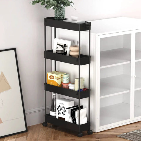 Slim Four Tier Storage Cart Rolling Organizer for kitchen, narrow black shelving unit with items and decor next to white cabinet