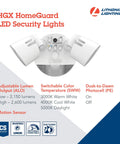HomeGuard Two Light Outdoor LED Flood Lights With Motion Sensor Dusk To Dawn Auto On Adjustable Lumens And Color details