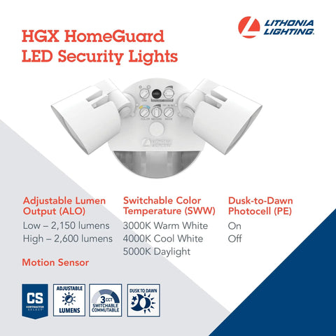 HomeGuard Two Light Outdoor LED Flood Lights With Motion Sensor Dusk To Dawn Auto On Adjustable Lumens And Color details