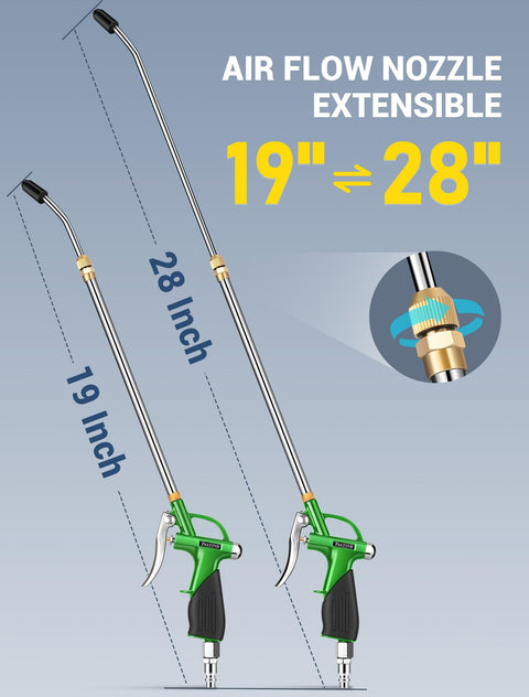 Long Reach Extendable 19 To 28 Inch Air Nozzle Blow Gun With High Pressure Output Rubber Grip Handle Quick Plug