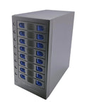 Hella Fast 8 Bay Tool Free Hot Swap Drive Enclosure With Smart Cooling Fan, front view showcasing 8 blue drive slots.
