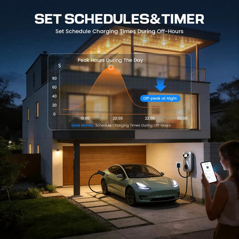 EV charging at night with Level 2 EV Charger 50 Amp Hardwired With 48 Miles Per Hour Wicked Fast Charging, WiFi App Control, 25 Foot Cable