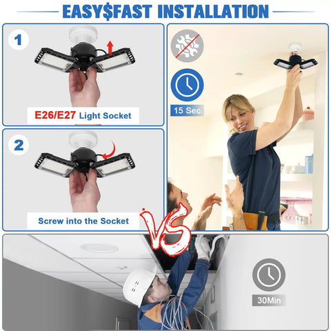Installation of Ultra Bright 8000 Lumen 80W LED Garage Light Bulb 2 Pack With Three Adjustable Panels Daylight 6500K for Garage Shop Basement Warehouse E26 E27 Easy Install