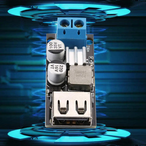 Slick And Solid Dc Dc Buck Converter Step Down Voltage Regulator Module 6V To 32V To 5V With Usb Quick Charge Port and screw terminals, top view.
